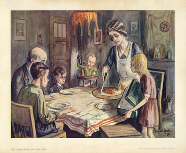 136045 Afbeelding van een gezin dat tijdens de hongerwinter van 1944/45 een klein brood te verdelen heeft.